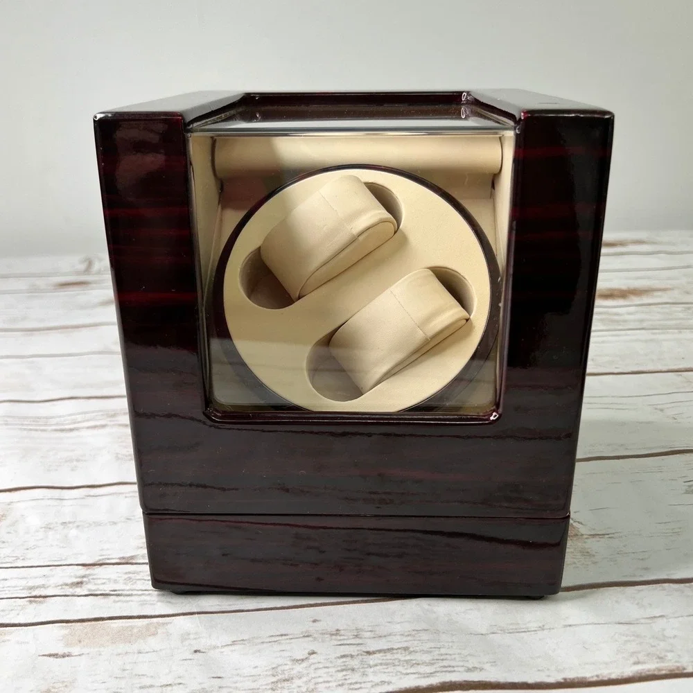 JQUEEN Double Watch Winder Mahogany Wood Automatic Rotator Brown 2-Slot Box